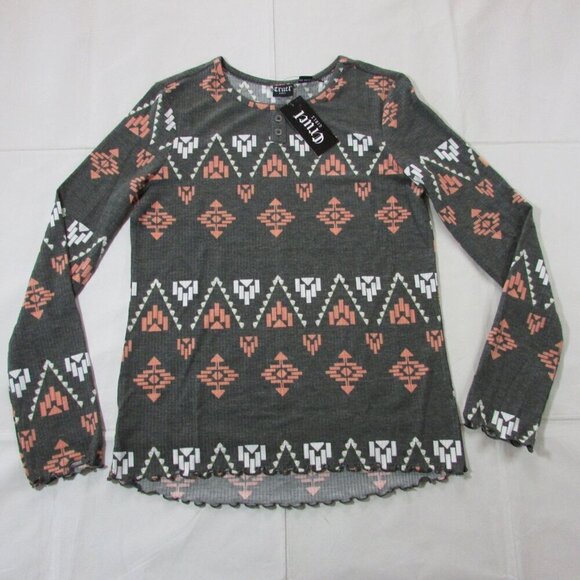 Cruel Girl's XXL Long Sleeve Rib Knit Aztec Printed Henley Shirt - Gray - Picture 1 of 2